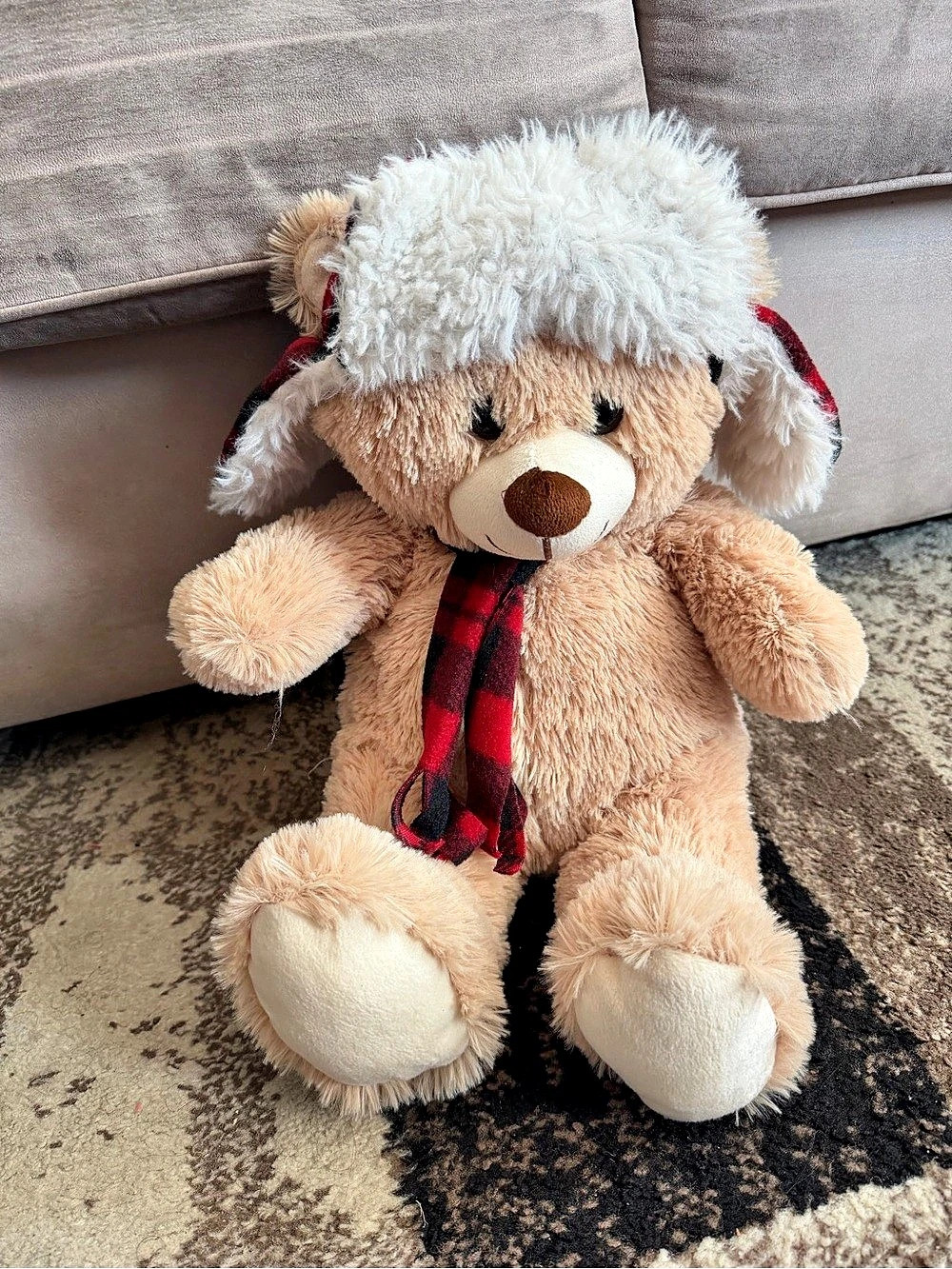 Winter Plush Bear with Plaid Scarf